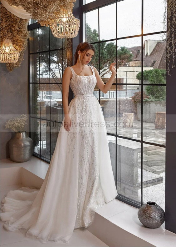 Square Neck Ivory Glitter Lace Wedding Dress With Detachable Train